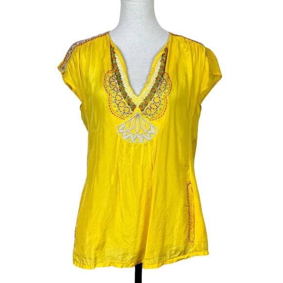 Nanette Lepore | Size 6 Bright Yellow Silk Embroidered Beaded Embellished Blouse - Picture 1 of 12